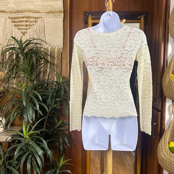 Y2K Cream Lace Long Sleeve Top XS | Boho Cottagecore Fairycore Romantic Grunge - Picture 2 of 9